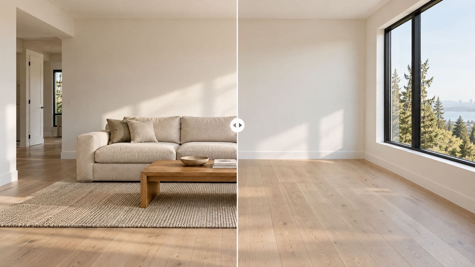 Before and after AI furniture removal: a living room with a worn brown sofa, armchair and coffee table on the left, and the same room emptied to bare carpet and clean walls on the right, with the detection engine and cleanup engine shown as two separate engines.