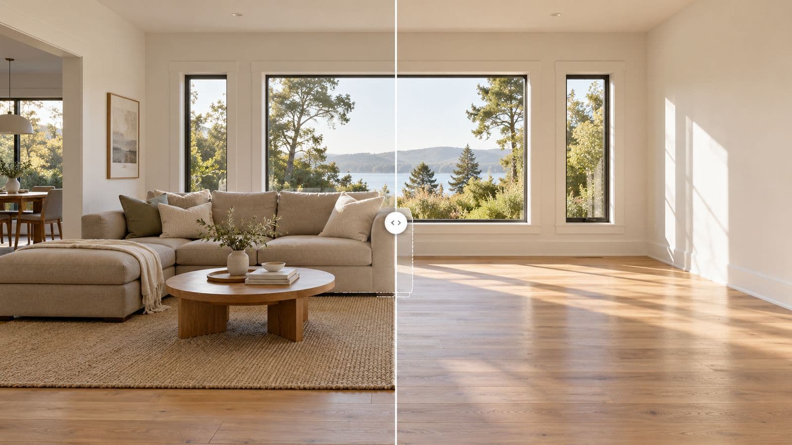 A furnished living room beside the same room with the furniture digitally removed, illustrating what MLS rules do and do not say about furniture removal.