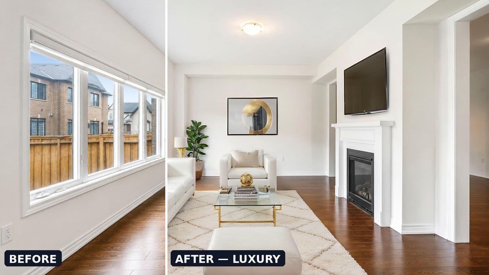 The same living room split down the middle: empty on the left, virtually staged in the Luxury style on the right.