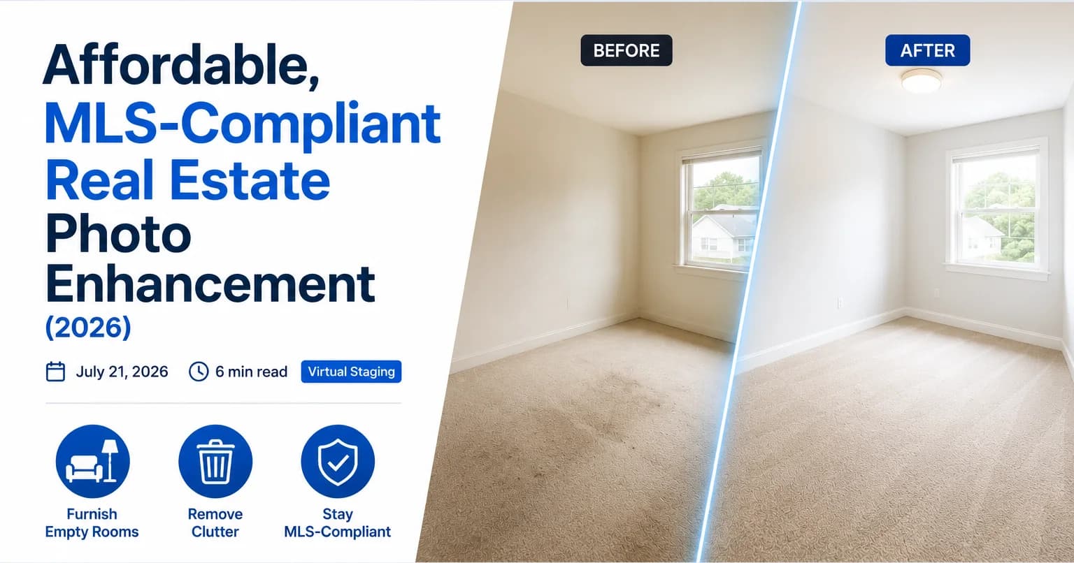 Before and after MLS-compliant real estate photo enhancement: an empty bedroom with stained, worn carpet and dull walls on the left, and the same room with clean carpet, brighter walls and a ceiling light on the right, alongside icons for furnishing empty rooms, removing clutter and staying MLS-compliant.