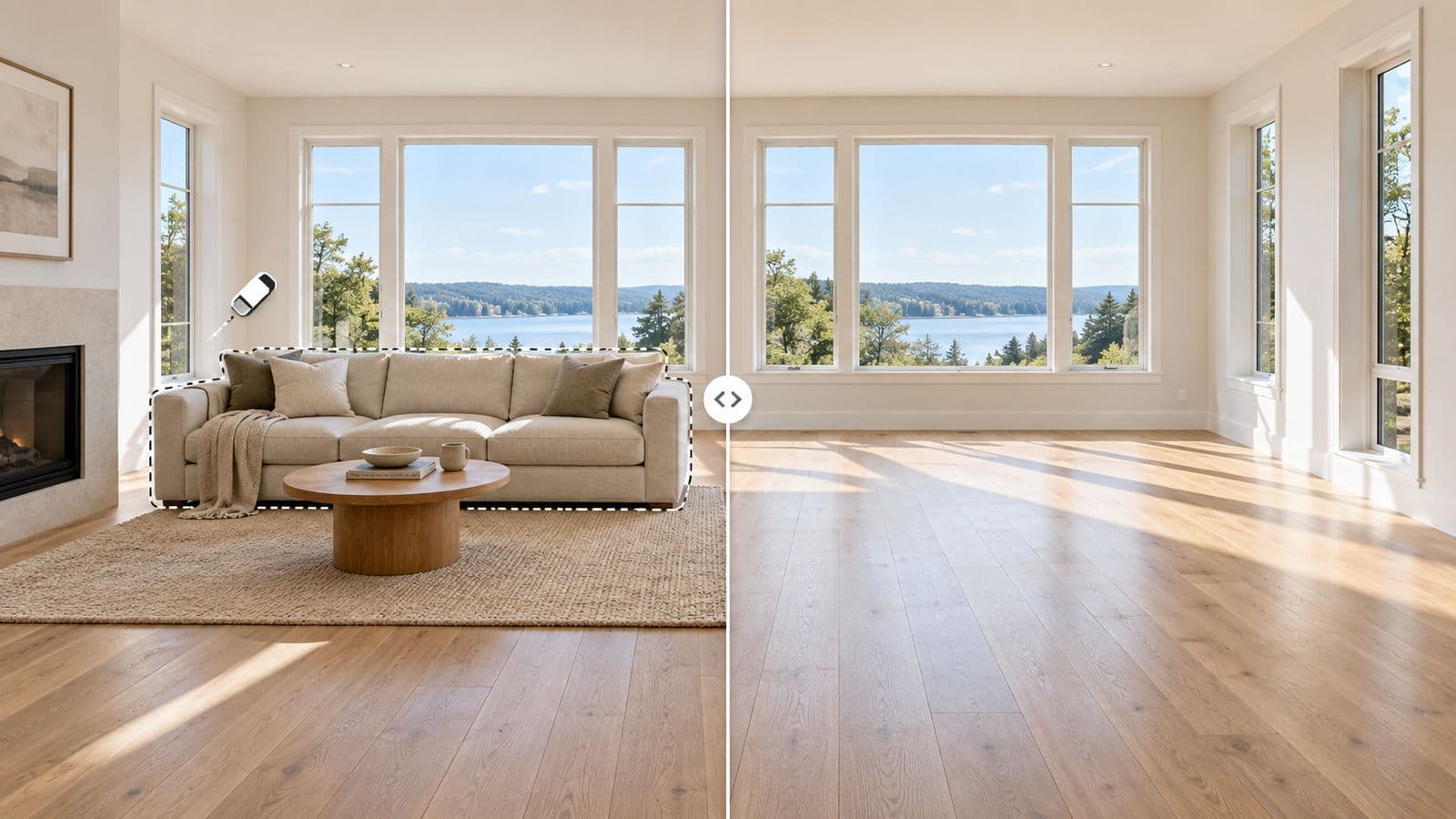 Before and after furniture removal from a real estate listing photo: an occupied living room on the left and the same room emptied to clean floor and walls on the right.