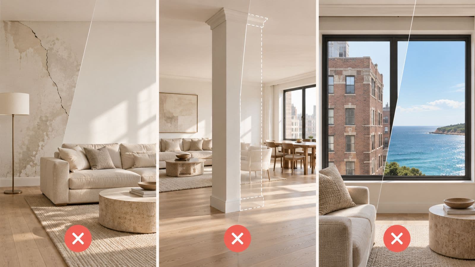 Before and after of a staged living room, beside the title Three Edits to Avoid in a Listing Photo, with icons for lighting, furniture and cropping.