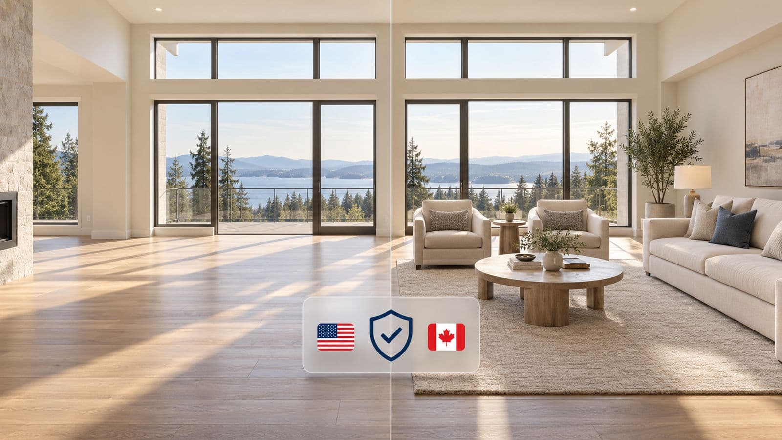 An empty living room on the left and the same room virtually staged on the right, with a US flag, a compliance shield and a Canadian flag between them.