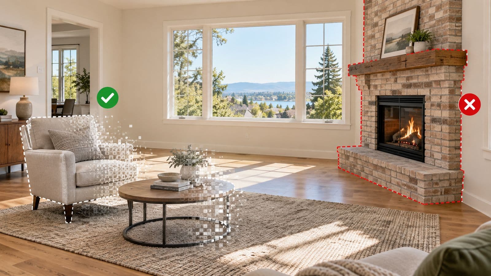 Side-by-side listing photos showing furniture and clutter removed from an occupied living room while walls, windows and flooring stay unchanged.