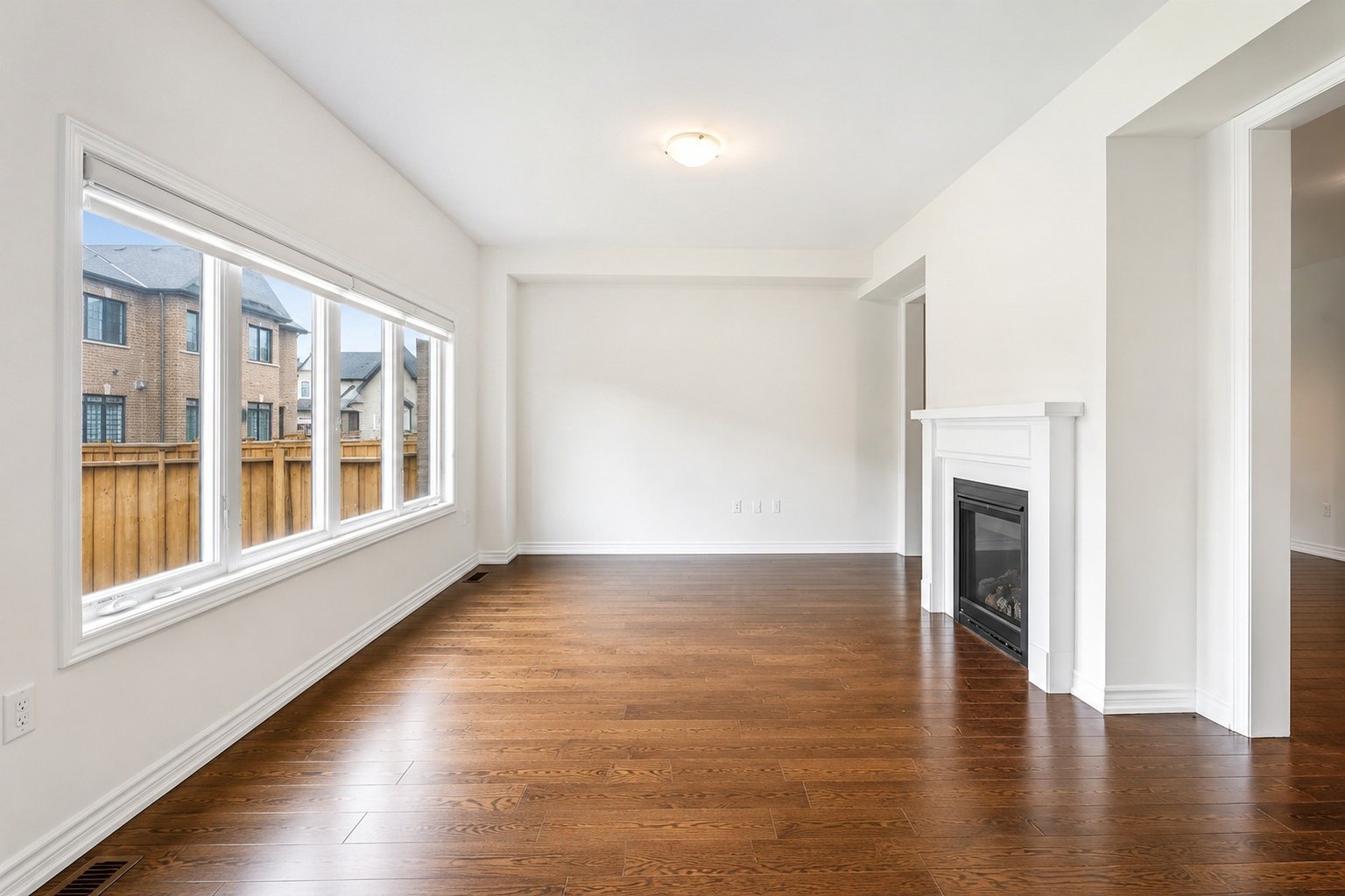 An empty living room before virtual staging: white walls, dark hardwood floor, a fireplace with a white mantel and a wide side window
