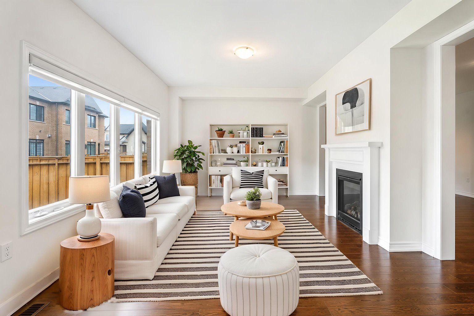 Scandinavian virtual staging of the same empty living room — white walls, dark hardwood, a fireplace with a white mantel and a wide side window — white sofa, striped flatweave rug, round oak nesting tables, a tree-stump side table and an open shelf.