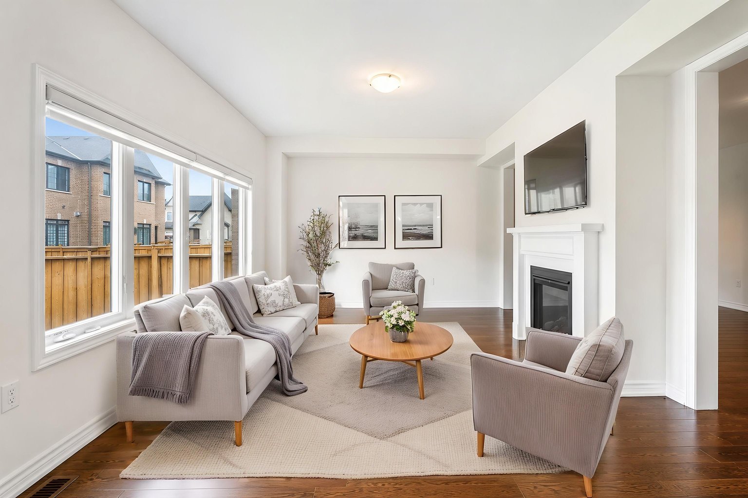Standard virtual staging of the same empty living room — white walls, dark hardwood, a fireplace with a white mantel and a wide side window — grey fabric sofa, two grey armchairs, a round oak coffee table and layered grey rugs.