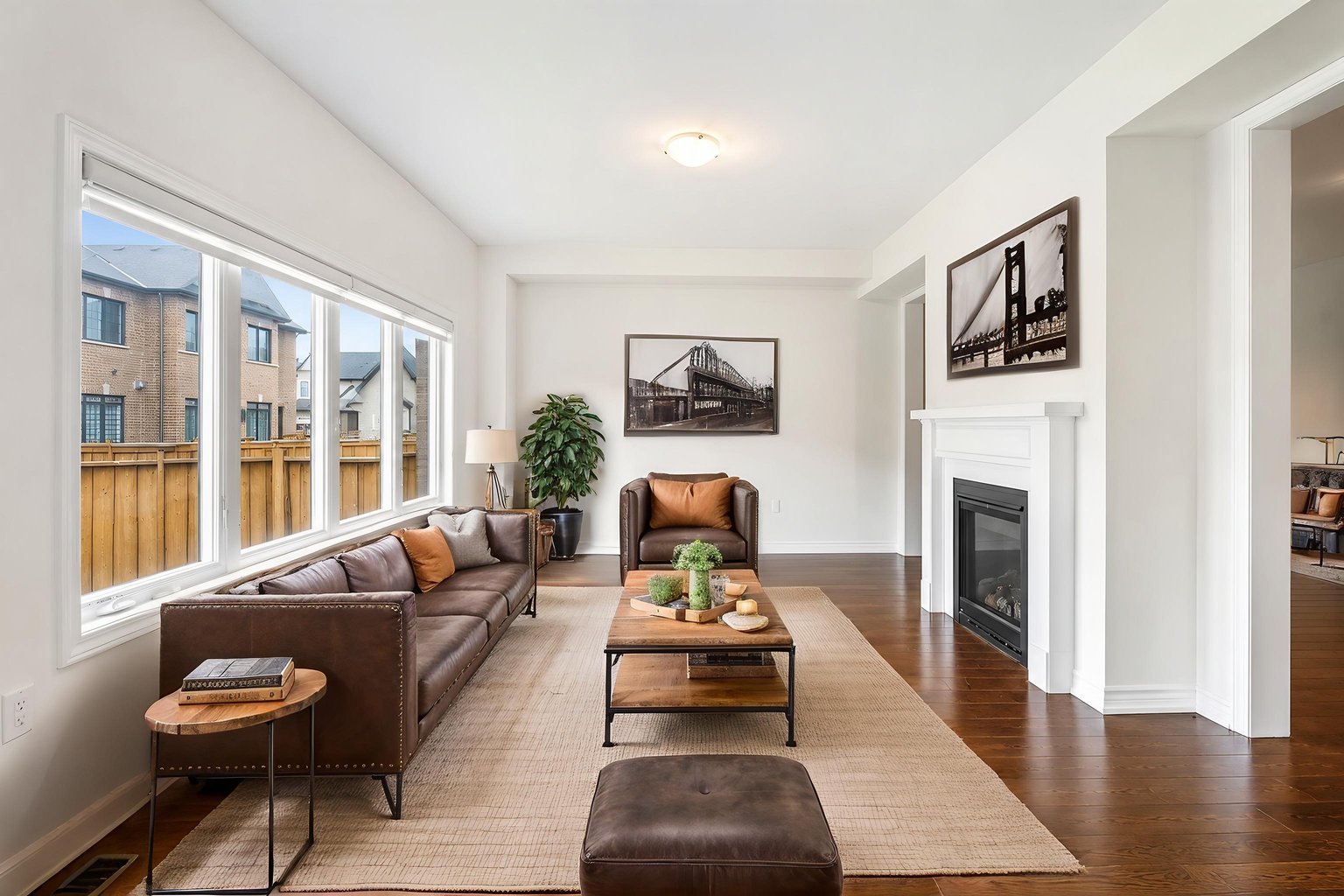 Midcentury virtual staging of the same empty living room — white walls, dark hardwood, a fireplace with a white mantel and a wide side window — brown leather sofa and club chair, a black-framed coffee table, a leather ottoman and framed city photographs.